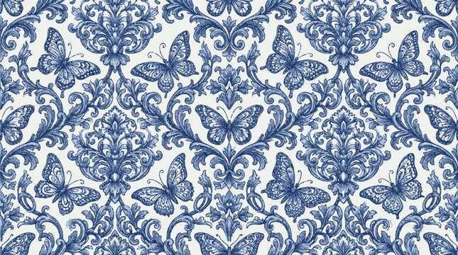 Intricate blue damask seamless pattern suitable for textiles and design.