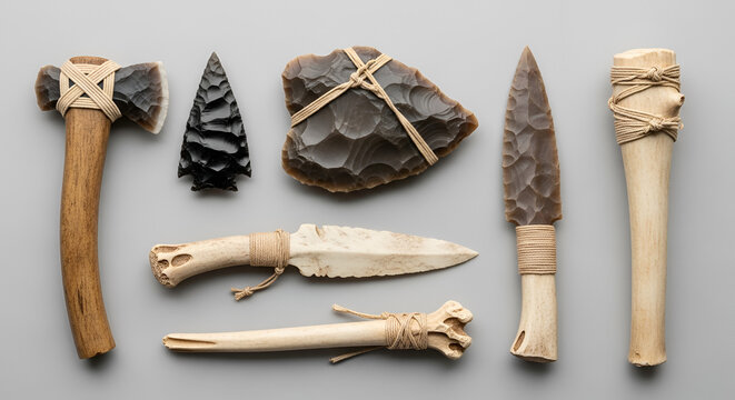 Stone age tools collection: flint axe spearhead knife obsidian arrowhead and bone artifacts against a grey background
