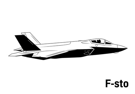 Modern Stealth Fighter Jet Illustration - Minimalist Black and White Military Aircraft Vector Line Art