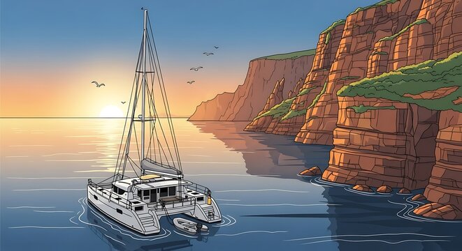 Sailboat near Cliffs at Sunset.