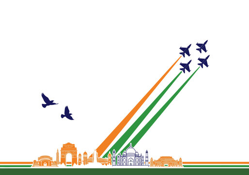 Patriotic India Independence Day Background with Fighter Jets, Tricolor Smoke Trails, and Silhouettes of Famous Landmarks like Taj Mahal and India Gate