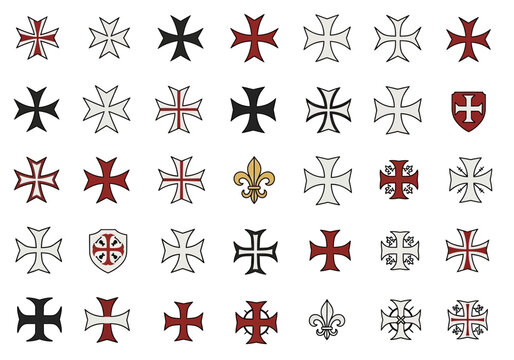 Collection of Medieval Heraldic Crosses, Knights Templar Symbols, and Fleur-de-lis Icons