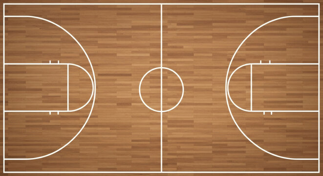Overhead view of a detailed wooden basketball court surface featuring bright white boundary lines, the center circle, and painted free throw areas for gameplay.