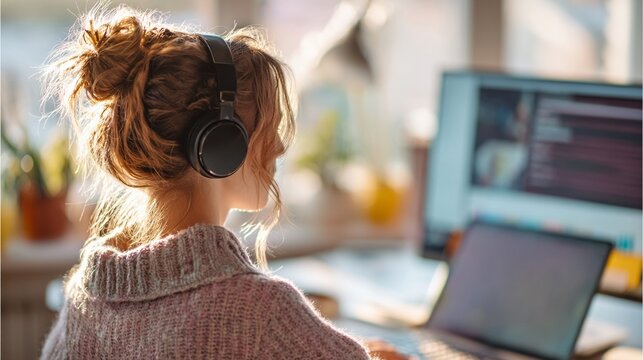 Young Woman Attending Virtual Class with Headphones in Bright Home Workspace
