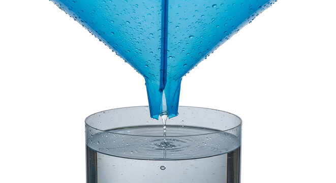 Water drips from a blue plastic funnel into a clear glass creating ripples in the water isolated on a white background for stock use