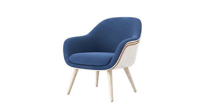 Modern Armchair with Blue Fabric and Wood Shell