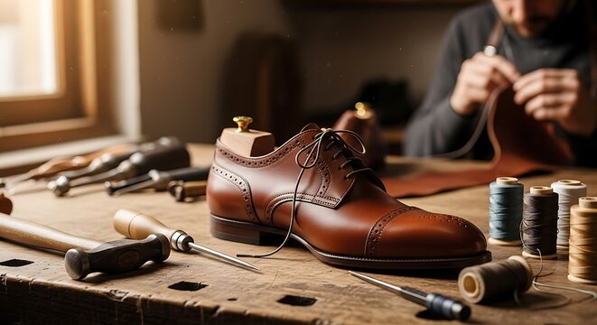 Brown leather dress shoe on workbench with shoemaking tools