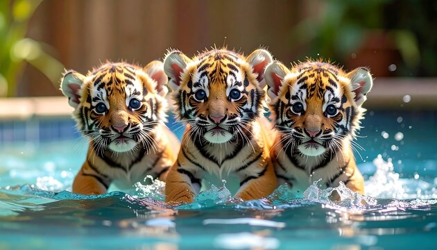 Three adorable tiger cubs frolic playfully in a clear swimming pool water on a bright day