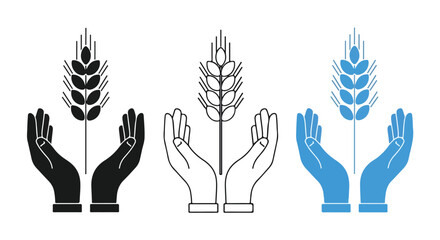 Fototapeta premium Graphic illustration of three hands holding wheat stalks in black, white and blue on a white background.
