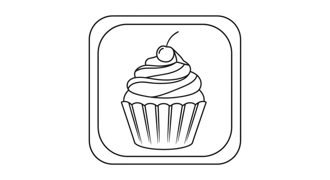 Simple Line Art Icon of a Cherry Cupcake with Swirl Frosting and Stem