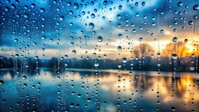A Serene Water Reflection Viewed Through Raindrops on Glass During a Colorful Dawn