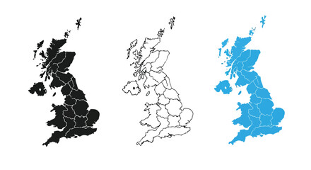Obraz premium Three colored illustrations of the United Kingdom map on a white background, with black, white, and blue versions.