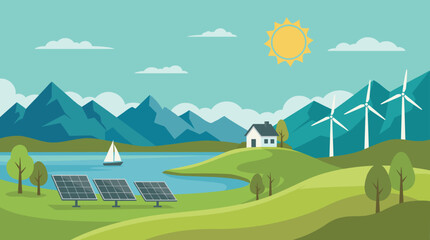 Sustainable green energy landscape with solar panels, wind turbines, house by lake, mountains, and sun in flat vector style © Hanifer