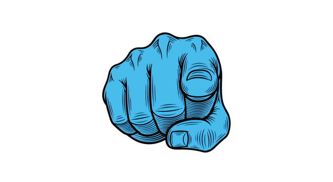 A blue cartoon fist pointing forward with a white background and black outline in a graphic style.