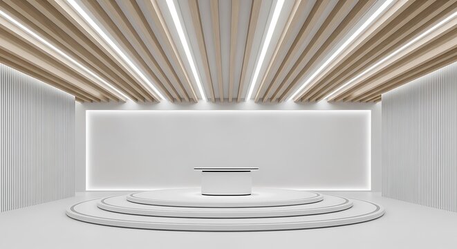White news studio desk on a tiered circular platform with wooden slats on the ceiling and bright linear led lights for corporate press conference