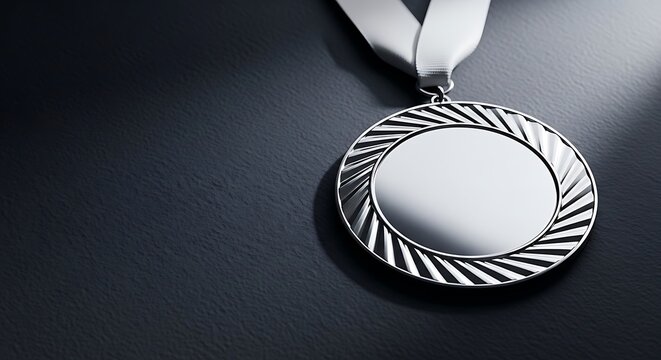 Silver medal with white ribbon on dark textured background with dramatic spotlight for second place winner in sports competition or business achievement