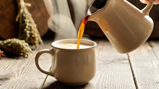 A warm beverage is being poured into a ceramic mug on a wooden table