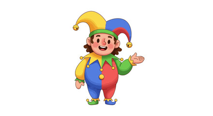 Obraz premium A colorful cartoon jester character in a playful pose with a joyful mood against a clean white background