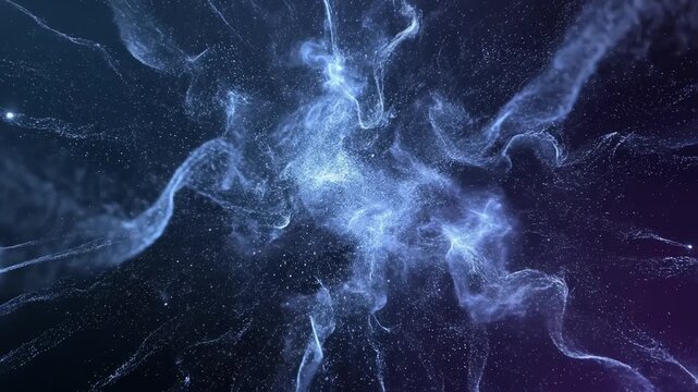Deep abstract dark blue void with shimmering energy dust, glowing particles emerging from the center and slowly dispersing outward like a silent cosmic bloom