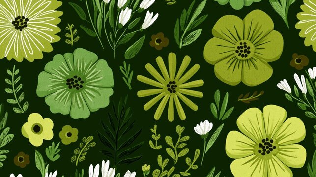 green floral doodle seamless pattern playful botanical vector background