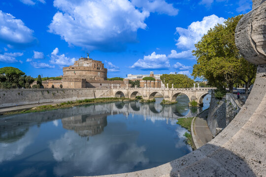 City of Rome, St. Angelo Bridge over the Tiber River, with Castel San Angelo, Italy