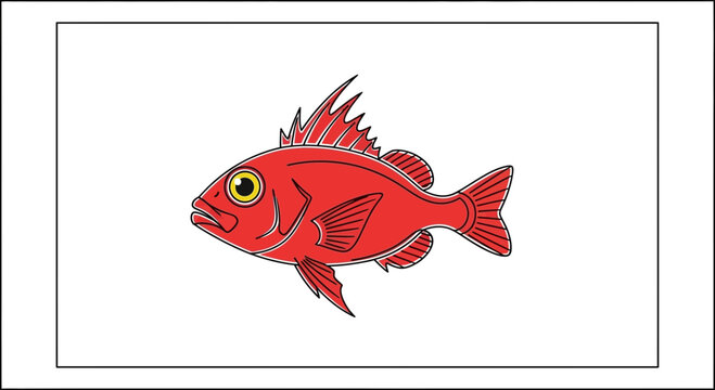 Vibrant red cartoon fish with prominent yellow eyes swimming across a clean white background