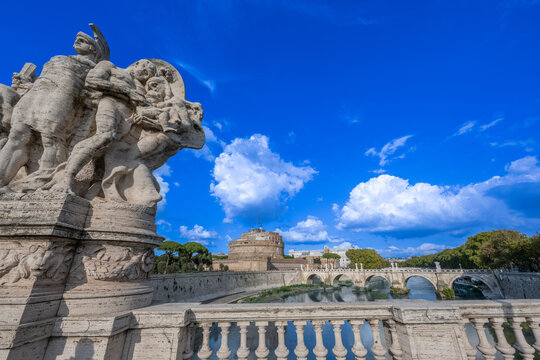 City of Rome, St. Angelo Bridge over the Tiber River, with Castel San Angelo, Italy