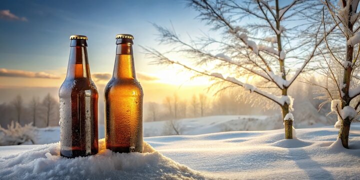 Two frosty amber bottles nestled in a winter wonderland, bathed in the golden glow of a setting sun, amidst snow-covered trees.
