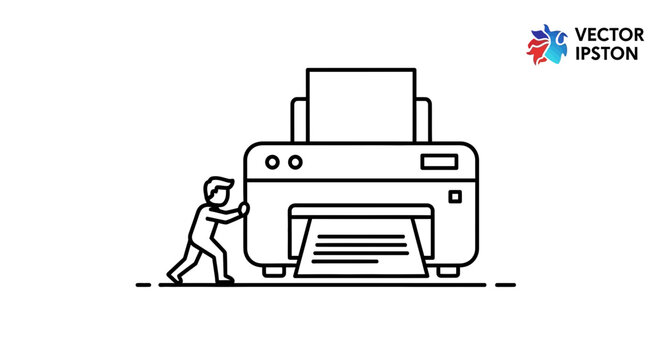 Outline graphic depicting a determined individual moving a large office printer with effort