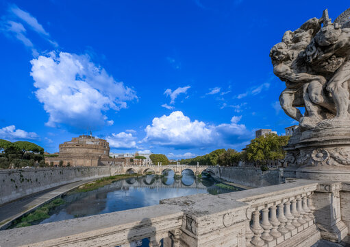 City of Rome, St. Angelo Bridge over the Tiber River, with Castel San Angelo, Italy