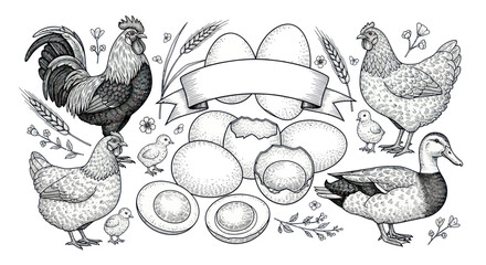 Farm Animals and Eggs Collection: Rooster, Hen, Duckling, Eggs, Wheat © Apel