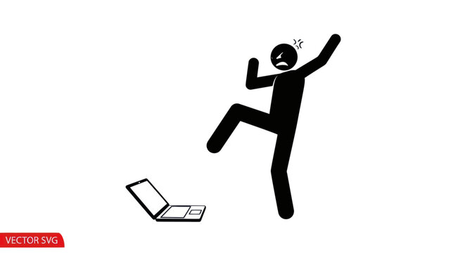 Frustrated stick figure kicking laptop, anger and stress concept