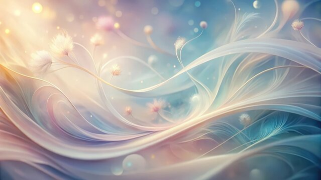 Dreamlike pastel floral fantasy with soft flowing fabric textures and ethereal dandelion-like blossoms creating a serene and whimsical scene