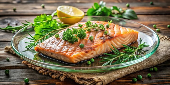 A succulent pan-seared salmon fillet, artfully presented on a glass plate, garnished with fresh herbs and peppercorns, rests on a rustic wooden surface.
