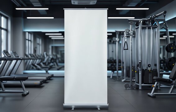 roll up banner mockup in modern fitness studio with blank display clean composition and copy space