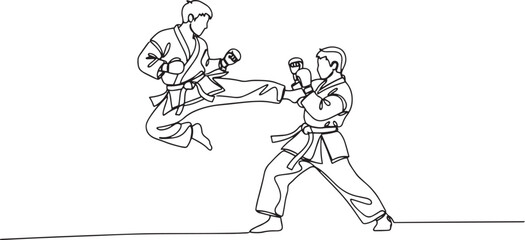 Fototapeta premium Karate martial arts line art vector, sparring match with flying kick isolated.