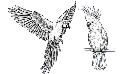 Detailed line art illustration of two parrots, one flying, one perched. © Apel