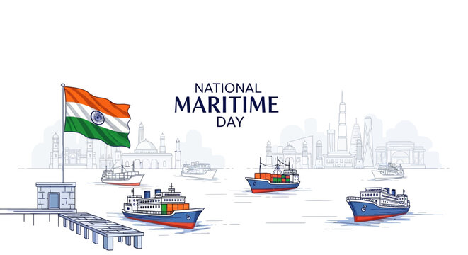 Illustration of ships sailing near a pier with the Indian flag waving on National Maritime Day, celebrating India's maritime industry and shipping sector with a patriotic theme.