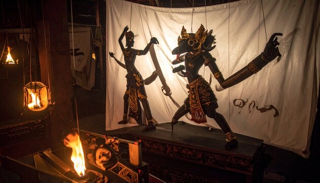 Traditional Javanese Wayang Kulit shadow puppet performance with glowing firelight