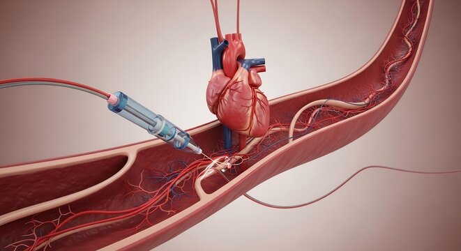 Medical illustration of cardiac catheterization procedure showing a catheter inserted into the aorta near the heart.