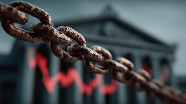 Rusty chain in sharp focus with a blurred stock market graph and building in the background, symbolizing economic constraints or financial struggles.