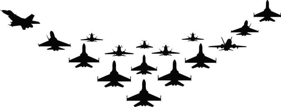 Military Aircraft Formation Silhouette Set with Fighter Jets Flying in V Shape, Air Force Aviation and Defense Illustration
