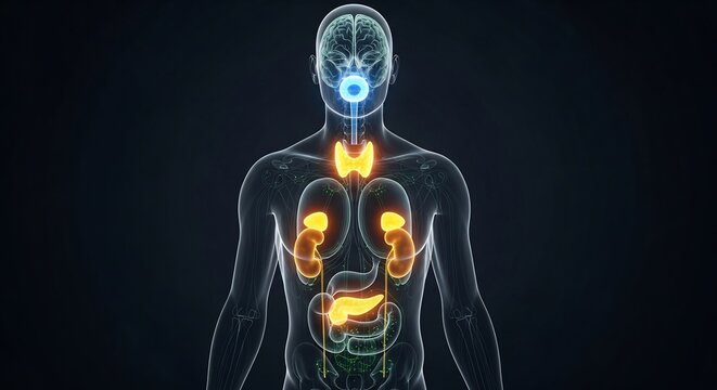 Human Endocrine System Organs Highlighted in a Transparent Body Model.