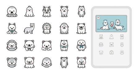 Collection of cute kawaii arctic animal icons and character illustrations in vector style. © Doni