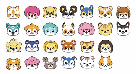 Fototapeta premium Collection of cute cartoon animal faces with different expressions.