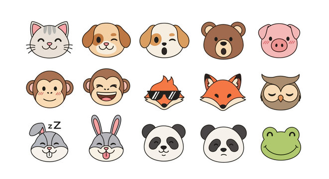 Set of cute cartoon animal faces with different emotions on white background
