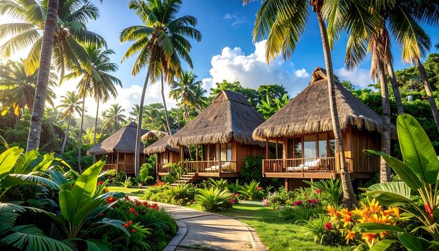 Tropical resort with thatched-roof bungalows, lush greenery, and palm trees under a sunny sky