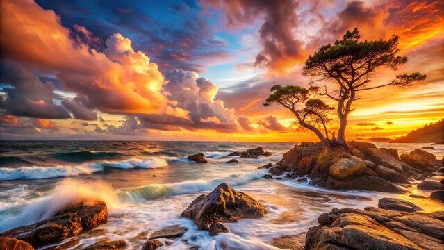 Serene Sunset Seascape Majestic tree silhouetted against a vibrant, fiery sky, waves gently crashing on rocky shore during golden hour