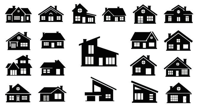 Collection of diverse house and building silhouettes, modern and traditional styles