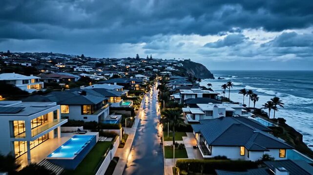 A serene coastal neighborhood at dusk with stormy clouds